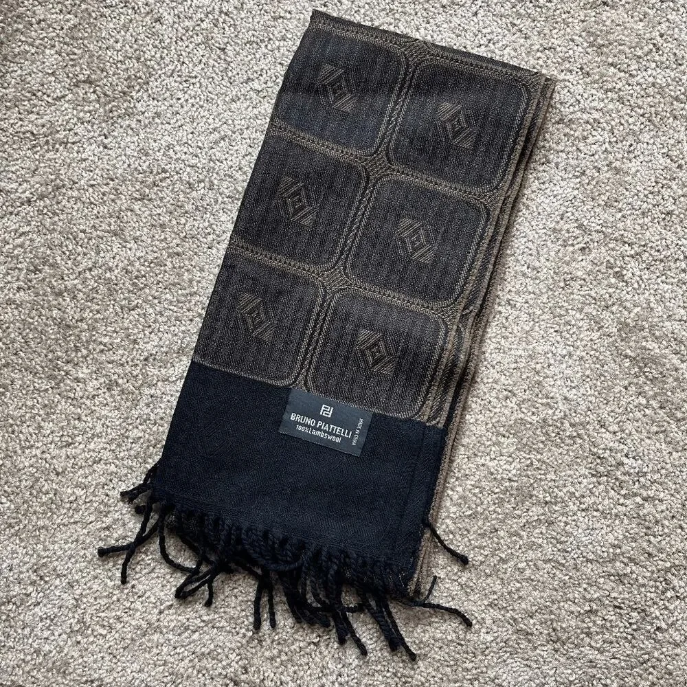 VTG Bruno Piattelli Lambswool Scarf Brown Jacquard Geometric Fringe Italy